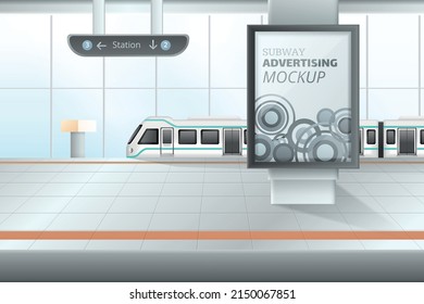 Realistic Subway Advertising Mockup At Underground Train Station Vector Illustration