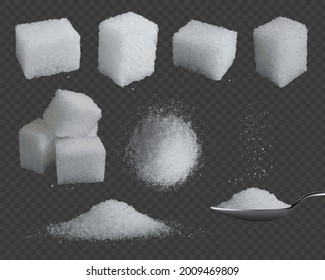 Realistic sugar. 3d glucose in cubes and powder. White grain sugar in spoon, pile top and side views. Sweet fructose seasoning vector set. Sweet sugar cube, ingredient refined illustration