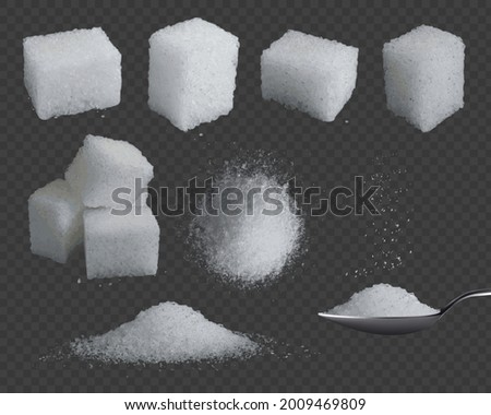 Realistic sugar. 3d glucose in cubes and powder. White grain sugar in spoon, pile top and side views. Sweet fructose seasoning vector set. Sweet sugar cube, ingredient refined illustration