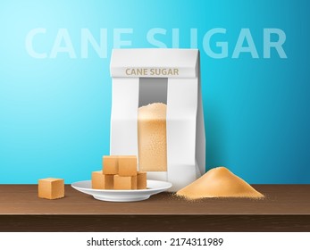 Realistic sugar poster. Cane brown sugar, sweet powder pile, cubes and pieces, sweet natural product, superfood paper packaging, advertising banner, blank package, utter vector concept