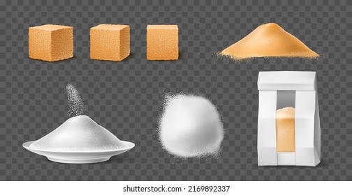 Realistic sugar. Sucrose powder and lumps, brown cane cubes and white flour, sweet ingredient, natural product, glucose and fructose piles, blank package, utter vector set