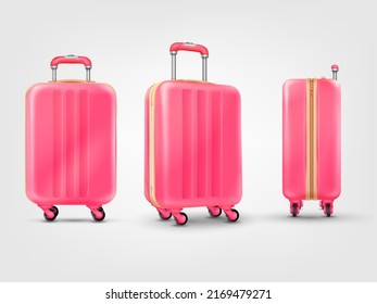 Realistic suitcase wheels. 3d isolated luggages, traveler baggage travel case trolley mockup plastic luggage handle baggages for hotel airport tourist bag, tidy vector illustration