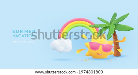 Realistic Summer 3d flyer design. Render scene tropical palm tree, sun, rainbow, cloud. Tropic beach objects, Holiday web poster, banner, seasonal brochure, cover.  Summertime modern background