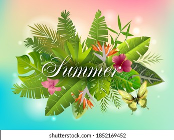 Realistic Summer Banner. Colored Summer elements. Flowers, buterfly, tropic leaves. Calligraphic embossed labels. Hello Summer. Vector illustration