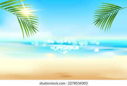 Realistische Sommer-Strand tropische Landschaft mit Meereswellen, Palmenblätter und Sand, Vektorhintergrund. Ozeaninsel, Wasserlagune und Sonne am Himmel, Palmenblätter und Sonnenschein oder Sonnenlicht im Paradies