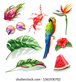 Realistic summer holiday, paradise resort design vector collection. Tropical fruits pitahaya, watermelon, hibiscus, strelizia flowers, macaw colorful parrot, sunglasses, red juice splash.