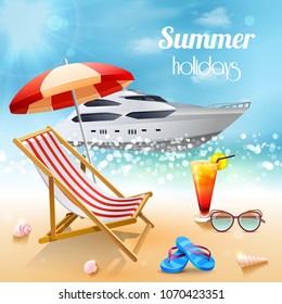 Realistic summer holidays composition sunbed and attributes for swimming against a beautiful expensive boat vector illustration