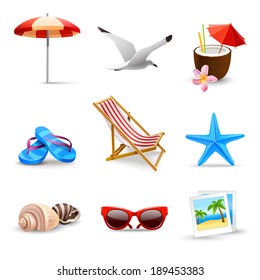 Realistic Summer Holidays Seaside Beach Icons Set Isolated Vector Illustration