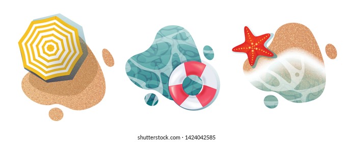 Realistic summer label in liquid shapes. For travel promo, summer sale banners template, tourism ad