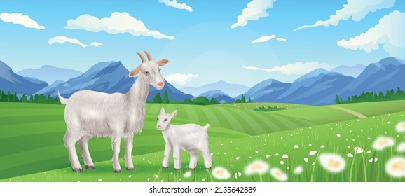 Realistic summer landscape with cute white goat and goatling on green meadow in background with mountains and blue sky vector illustration