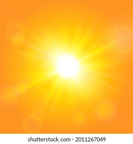 Realistic summer orange sunlight background. Vector illustration of the sun on an orange background.