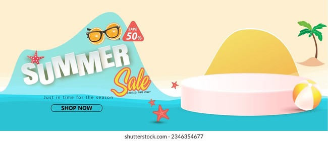 Realistic Summer sale banner and poster design with tropical leaves background Vector. big and super sale summer background design.