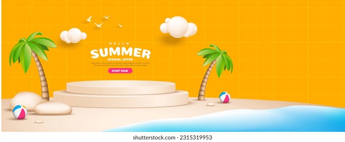 Realistic summer sale podium for background, banner and template