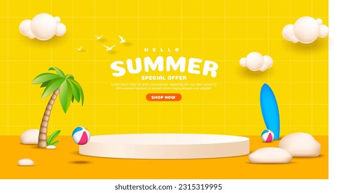 Realistic summer sale podium for background, banner and template