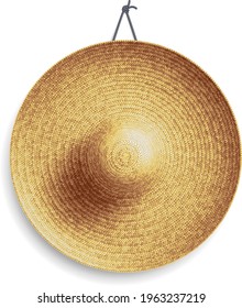 Realistic Summer Straw Wicker Hat like Mexican Sombrero in Top View