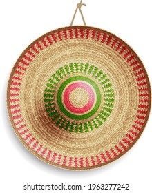 Realistic Summer Straw Wicker Hat like Mexican Sombrero in Top View