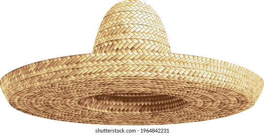 Realistic Summer Straw Wicker Hat like Mexican Sombrero in Front View