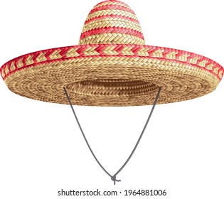 Realistic Summer Straw Wicker Hat like Mexican Sombrero in Front View