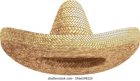 Realistic Summer Straw Wicker Hat like Mexican Sombrero in Front View