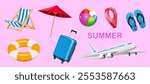 realistic summer and travel objects isolated on light pink background, beach chair,beach umbrella,suitcase,inflatable beach ball,airplane,slippers,swimming ring and location pin vector illustration.