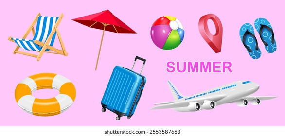 realistic summer and travel objects isolated on light pink background, beach chair,beach umbrella,suitcase,inflatable beach ball,airplane,slippers,swimming ring and location pin vector illustration.