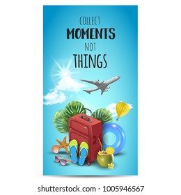 Realistic Summer Vacation Design for Travel with Summer Items. Travel quote. Badge. Vector Illustration