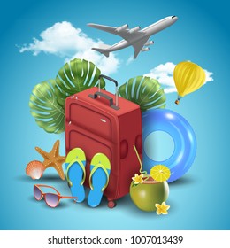 Realistic Summer Vacation Design for Travel with Summer Items. Vector Illustration