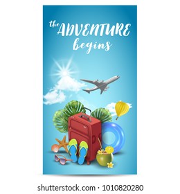 Realistic Summer Vacation Design for Travel with Summer Items. Travel quote. Badge. Vector Illustration