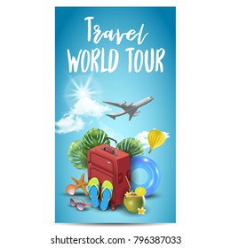 Realistic Summer Vacation Design for Travel with Summer Items. Travel quote. Badge. Vector Illustration