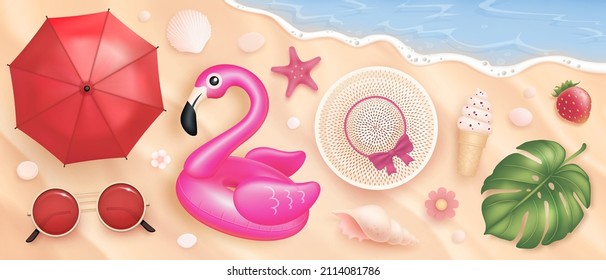 Realistic summer vacation elements isolated on background. Vector illustration of sea, umbrella, shell, hat, ice cream, palm leaf, sunglasses and flowers