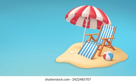 Realistic summer vacation or travel concept with beach chair, umbrella and ball. Tropical sand beach vector illustration 
