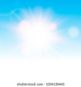 Realistic sun burst effect in the blue sky. Vector