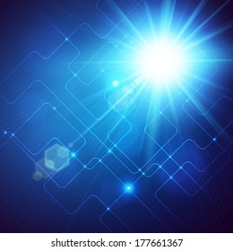 Realistic sun burst with flare on abstract technology background. Vector illustration.