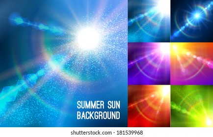 Realistic sun burst with flare. Vector illustration. Set