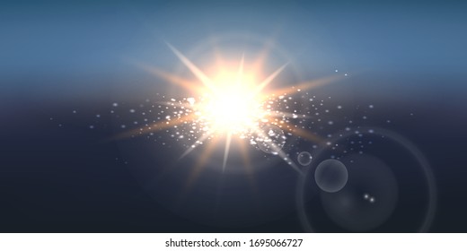 Realistic Sun Burst on blue sky wide background. Vector illustration.