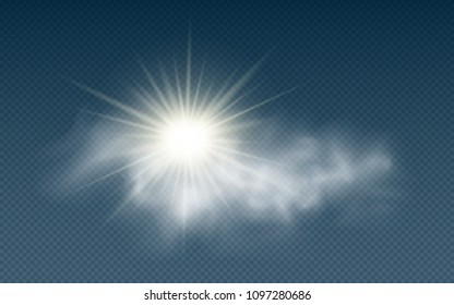 Realistic sun with clouds isolated on a transparent background. Sunlight. Sun rays. Transparent clouds. Vector illustration. EPS 10