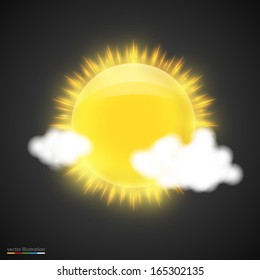Realistic sun with clouds on dark background. Vector illustration
