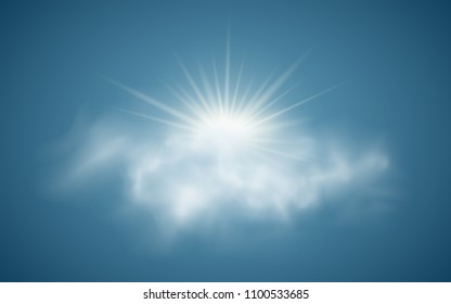Realistic sun with clouds. Sunlight. Sun rays. Transparent clouds. Vector illustration. Summer time. Vector illustration EPS 10