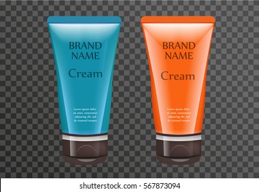 Realistic sun cream package template for your design. Sunscreen tube mock-up product bottle with a transparent background. Cosmetics 3d flacon. Vector illustration
