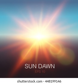 Realistic sun dawn beams of orange color and lens flares on blue sky background vector illustration