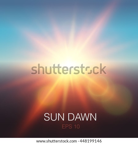 Realistic sun dawn beams of orange color and lens flares on blue sky background vector illustration
