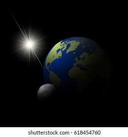 Realistic Sun, Earth and Moon 3d vector illustration.