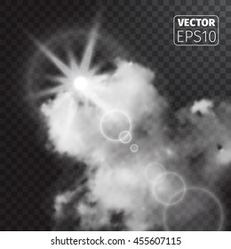 Realistic sun flare with clouds on transparent background. Vector illustration.