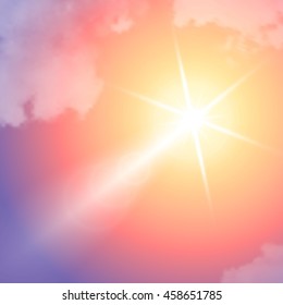 Realistic sun flare with clouds on blue sky.