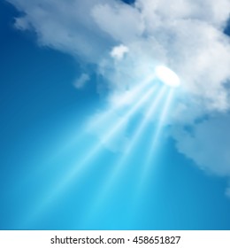 Realistic sun flare with clouds on blue sky.