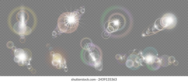 Destello solar realista con luces, reflexión en la cámara de fotografía o superficie de vidrio. Vector aislado centelleo o resplandor, ráfaga o bokeh, brillo o rayo brillante y burbujas brillante conjunto