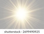 Realistic sun light effect with glowing yellow rays and warm flare on transparent background. Bright sunlight beam, summer sunshine, vector illustration.

