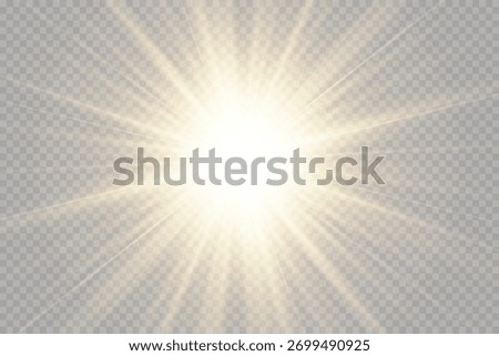 Realistic sun light effect with glowing yellow rays and warm flare on transparent background. Bright sunlight beam, summer sunshine, vector illustration.

