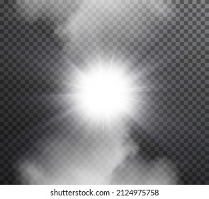 Realistic sun in PNG transparent vector cloud. Vector star white star on a transparent dark background.