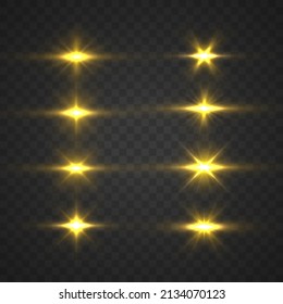 Realistic sun rays. Golden sparks sparkle on transparent background. Star burst with sparkles. Set of gold bright beautiful stars. Glow light effect, lens flare. Yellow glowing lights explodes. Vector
